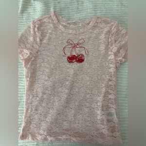 Charming Pink Lace Women's Blouse with Cherry Design